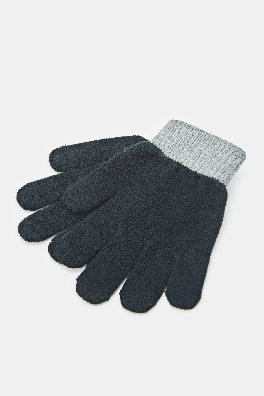 Boys Black Printed Knitted Cap Set With Gloves (2 Piece)