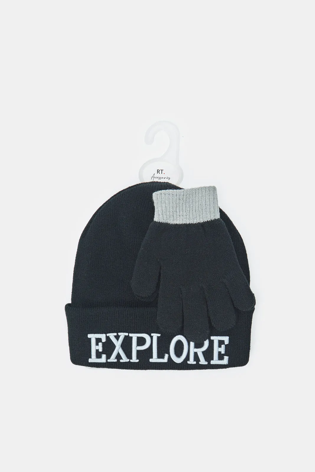 Boys Black Printed Knitted Cap Set With Gloves (2 Piece)