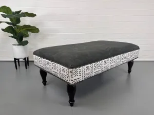 Genuine Leather Ottoman Bench, Bohemian, African Mud Cloth with Grey Leather by Design 59