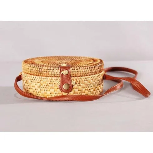 Handmade Boho Bohemian Bali Round Straw Rattan Clutch Shoulder Crossbody Messenger Satchel Beach Handbag Bag - Wicker Bag - Eco Vegan Bag