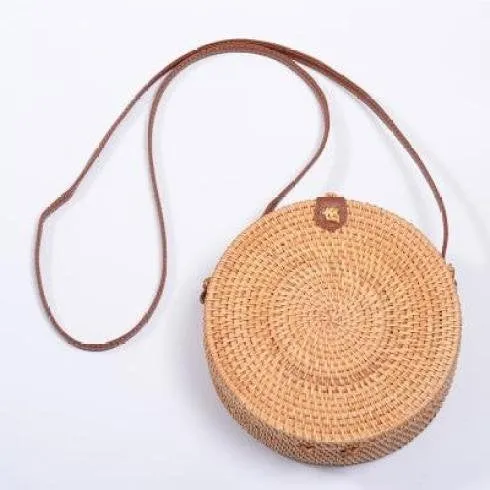 Handmade Boho Bohemian Bali Round Straw Rattan Clutch Shoulder Crossbody Messenger Satchel Beach Handbag Bag - Wicker Bag - Eco Vegan Bag