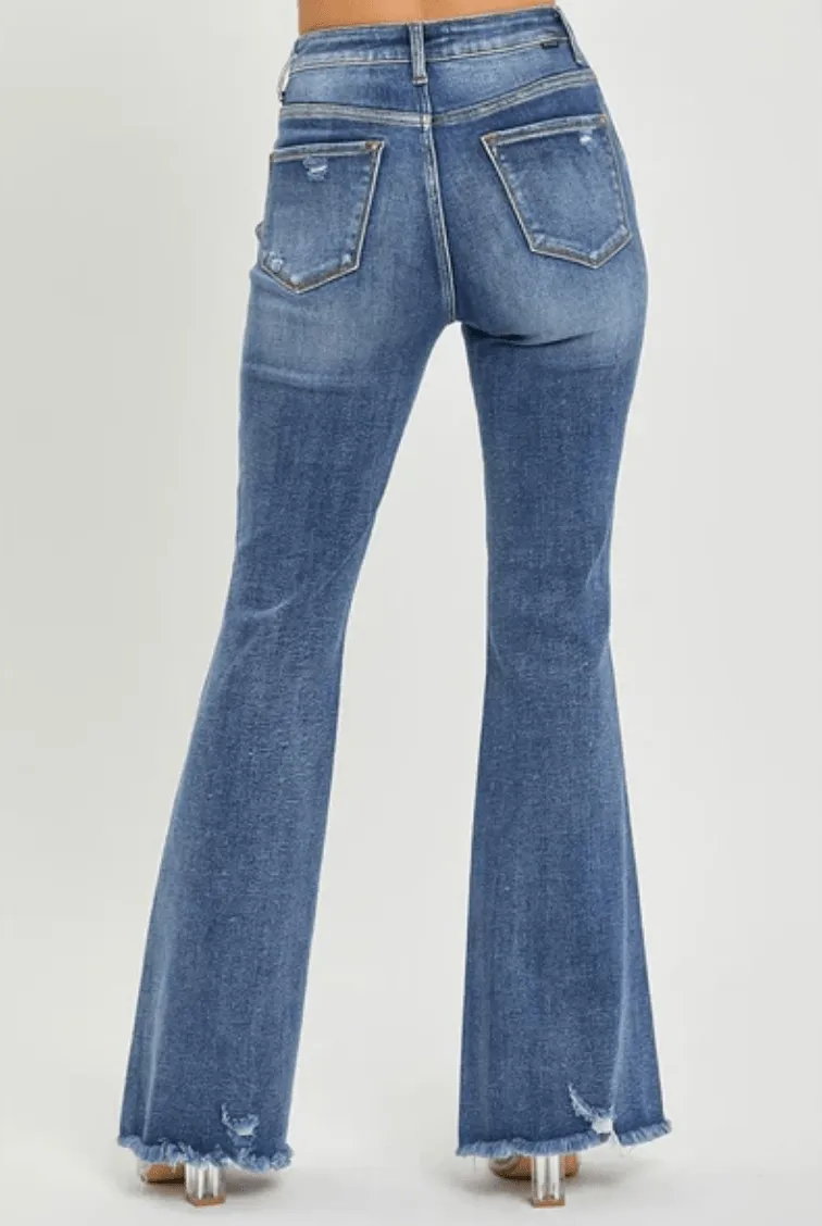 High Rise Knee Distressed Flare - Medium Wash