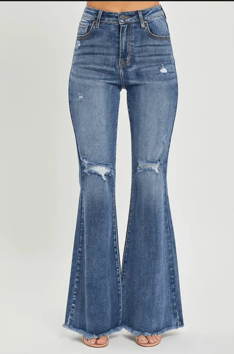 High Rise Knee Distressed Flare - Medium Wash