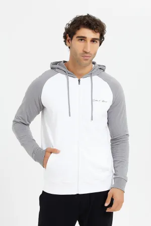 Men White And Grey Raglan Hooded Sweatshirt