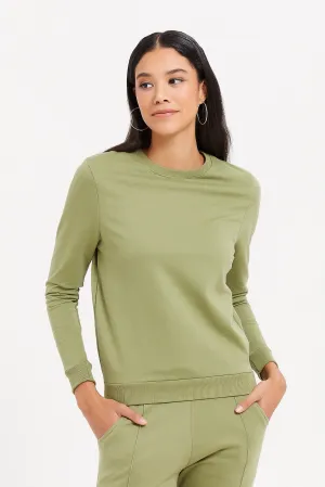 Women Green Plain Basic Sweatshirt