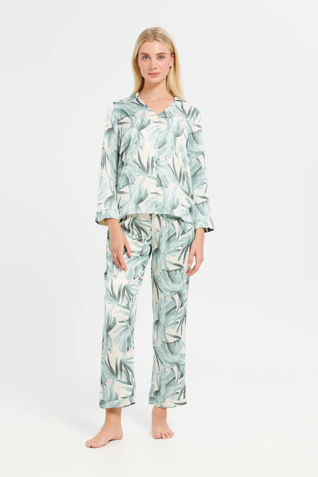 Women Mint Floral Satin Classic Pyjama Set (2 Piece)